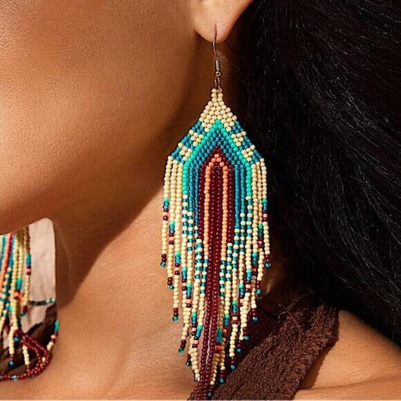 Handmade Beaded Boho Dangle Earrings Tribal Native - Picture 5 of 7